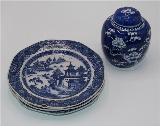 Two Chinese octagonal blue and white plates, 2 similar circular plates and a ginger jar and cover (5)(-)